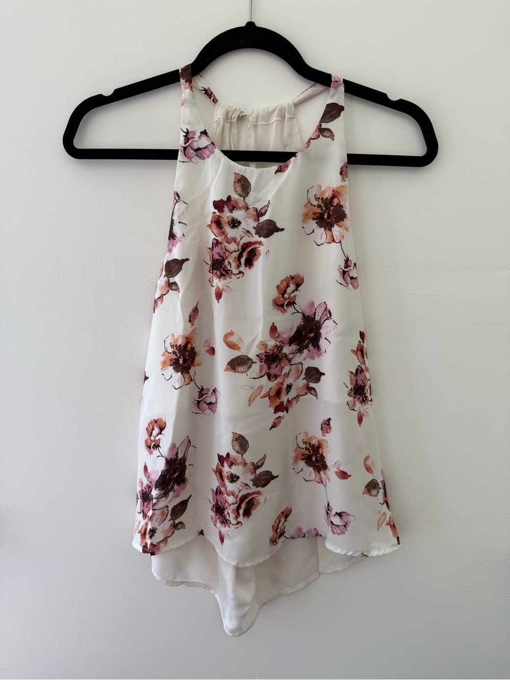Floral High-Low Halter Tank Top - White with Pink & Brown Flowers